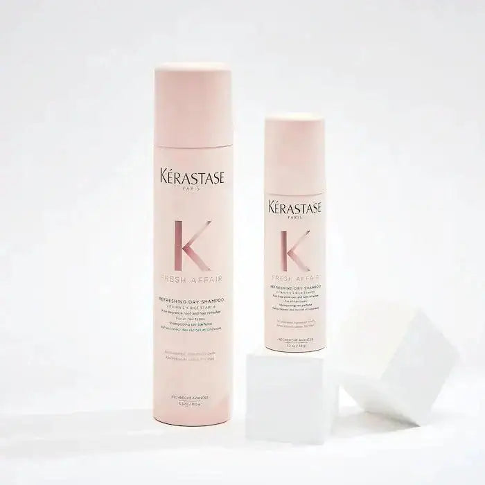Kérastase Fresh Affair Dry Shampoo bottles, oil-absorbing formula for all hair types, shown with product packaging.