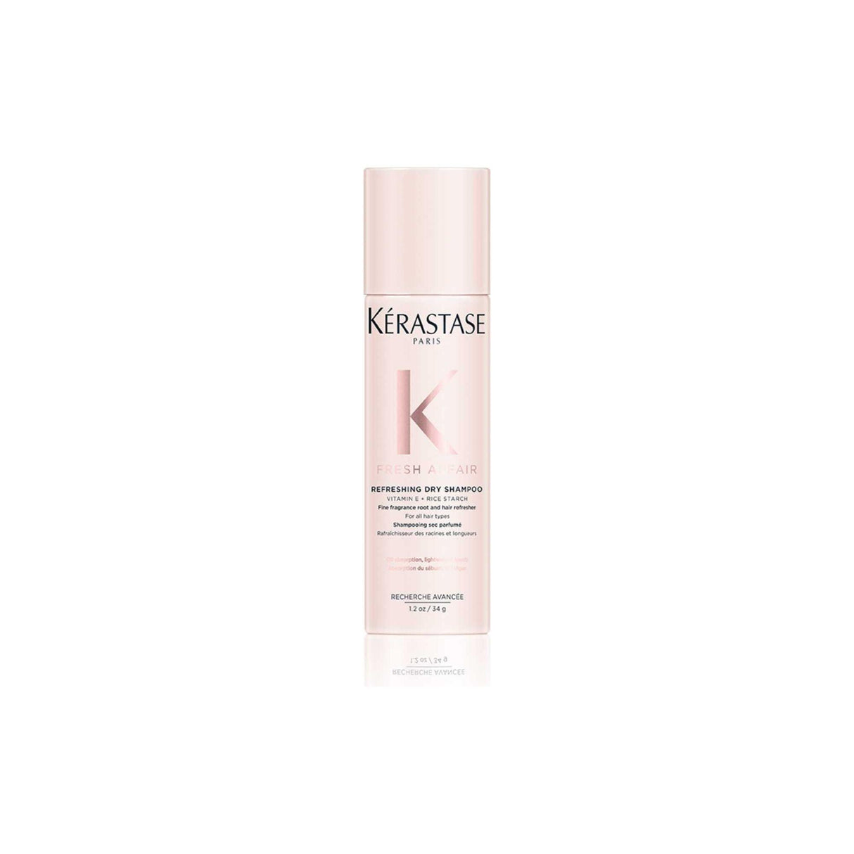 Kérastase Fresh Affair Dry Shampoo bottle, lightweight oil-absorbing formula for all hair types, revitalizes and refreshes hair.