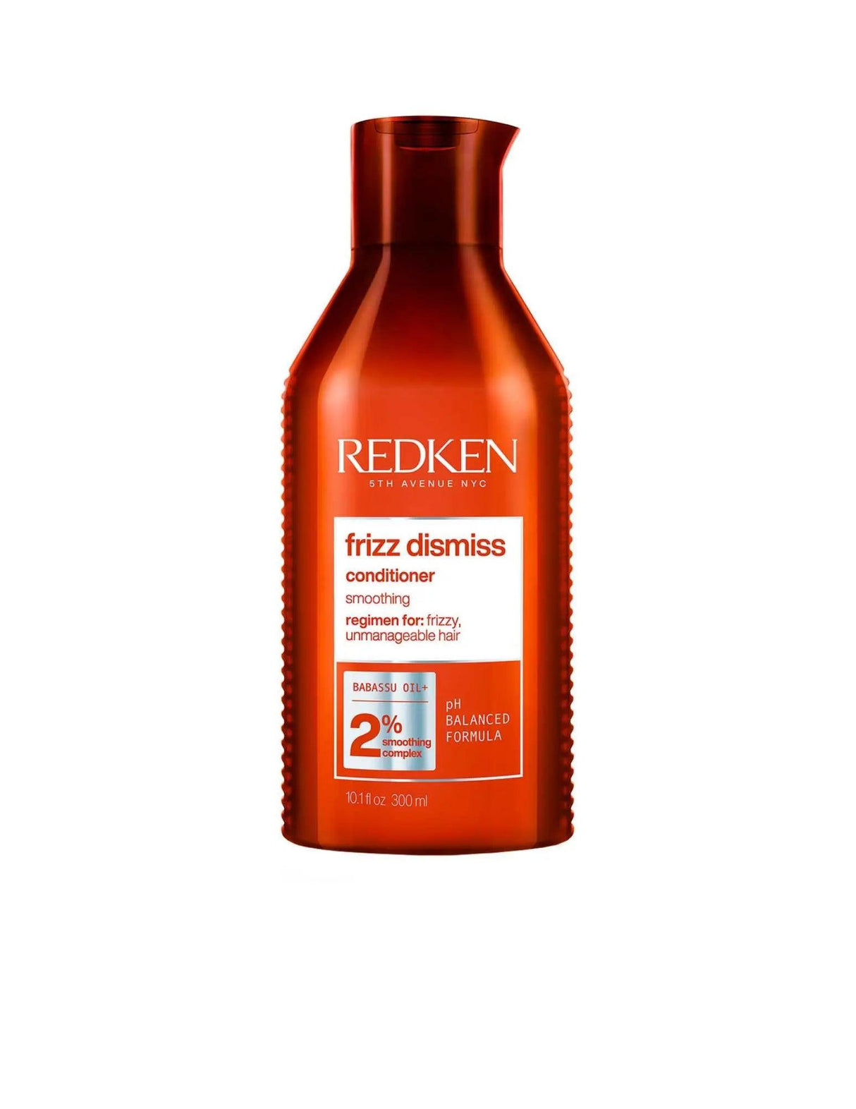 Redken Frizz Dismiss Conditioner bottle for reducing frizz and smoothing all hair types.