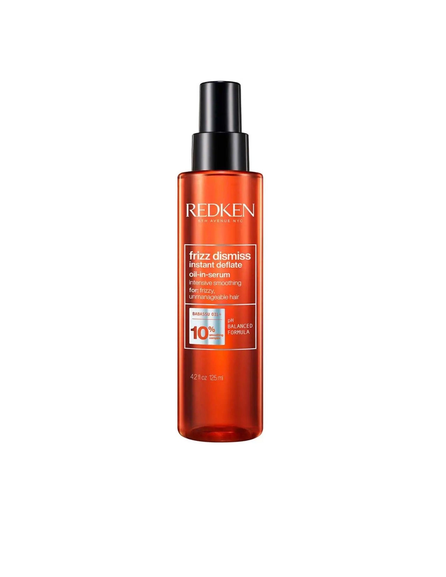 Redken Frizz Dismiss Instant Deflate Oil-in-serum for smoothing hair, reducing frizz, suitable for all hair types and textures.