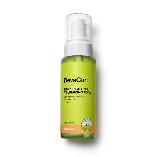 DevaCurl Frizz-Fighting Volumizing Foam bottle, 206ml, offers curl definition, frizz control, and humidity resistance for 48 hours.