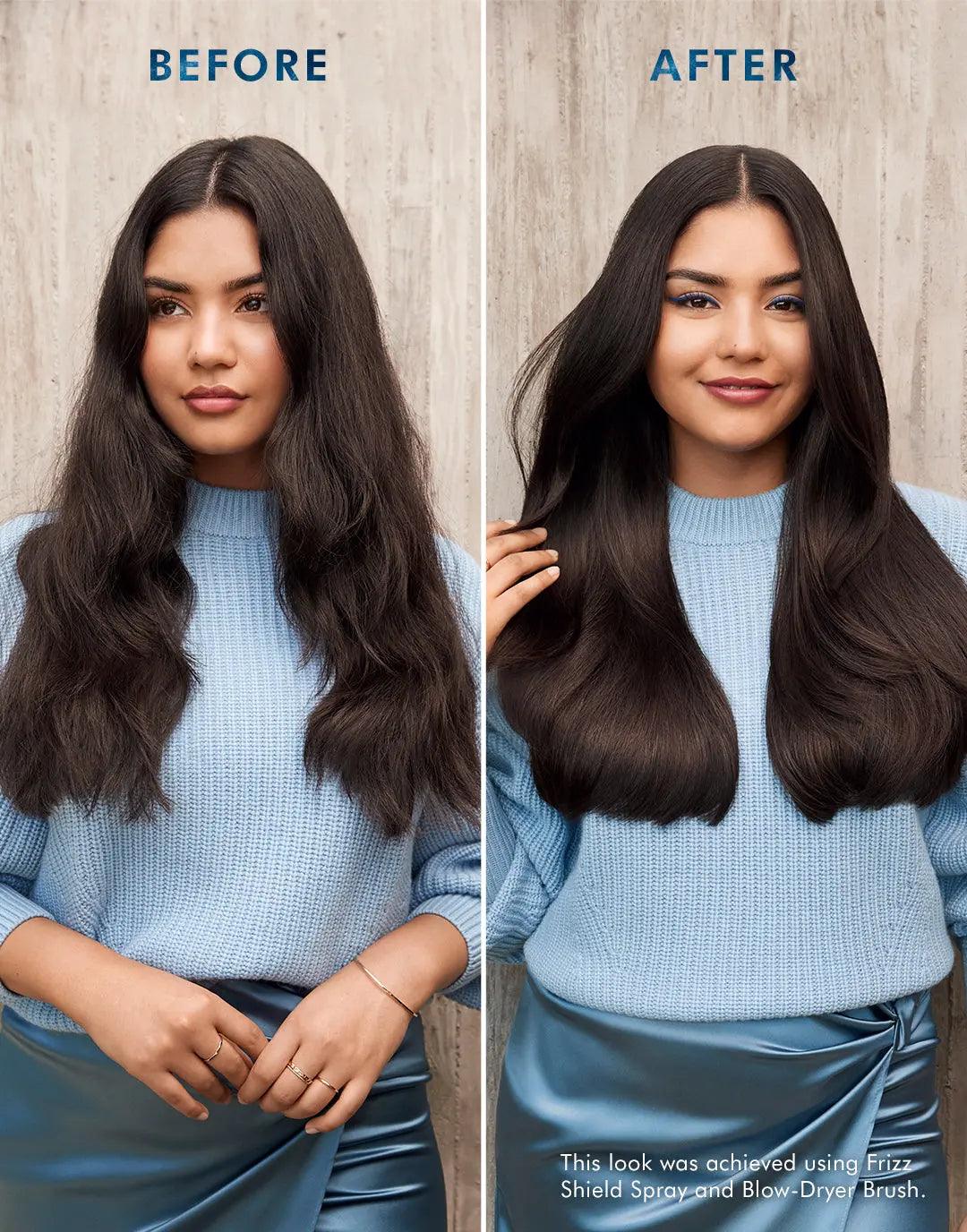 Frizz Shield Spray before and after comparison showing smoother, shinier hair with reduced frizz.