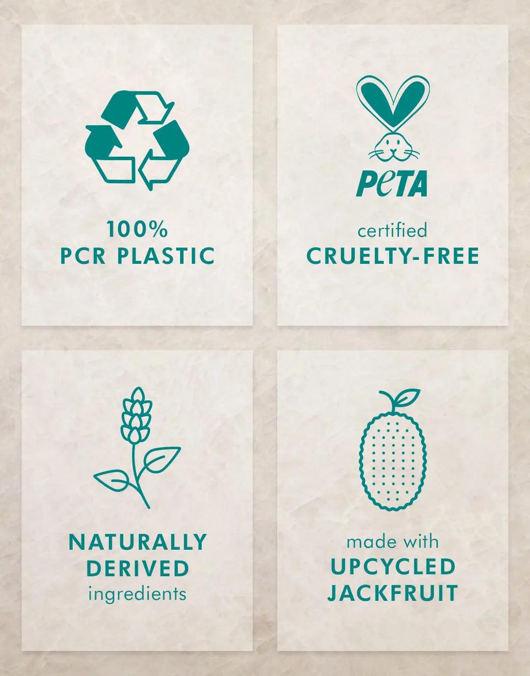 Frizz Shield Spray sustainability certifications: 100% PCR Plastic, PETA Cruelty-Free, Naturally Derived Ingredients, Upcycled Jackfruit