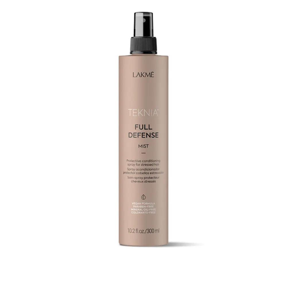 Lakme Teknia Full Defense Mist for UV and pollution protection, eucalyptus fragrance, enhances hair shine, 10.2 fl oz bottle.