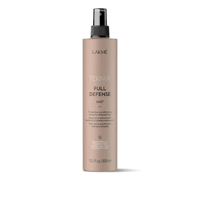 Lakme Teknia Full Defense Mist for UV and pollution protection, eucalyptus fragrance, enhances hair shine, 10.2 fl oz bottle.
