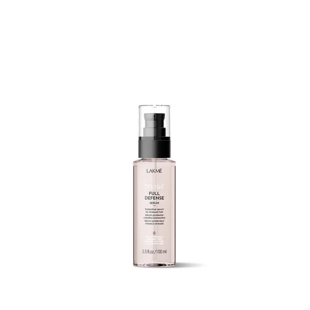 Luxe Full Defense Serum bottle providing hair protection, shine, and softness; fresh eucalyptus fragrance with floral and woody notes.