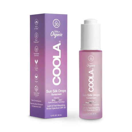 COOLA Sun Silk Drops SPF 30 packaging with bottle, organic sunscreen for complexion protection from HEV blue light and IR radiation.