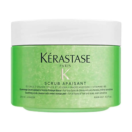 Kérastase Fusio Scrub Apaisant calming scalp scrub for all hair types, 250ml green jar, eliminates buildup and soothes scalp.