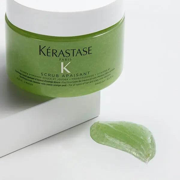 Kérastase Fusio Scrub Apaisant cleansing and calming scalp scrub for all hair types, shown with product texture sample.