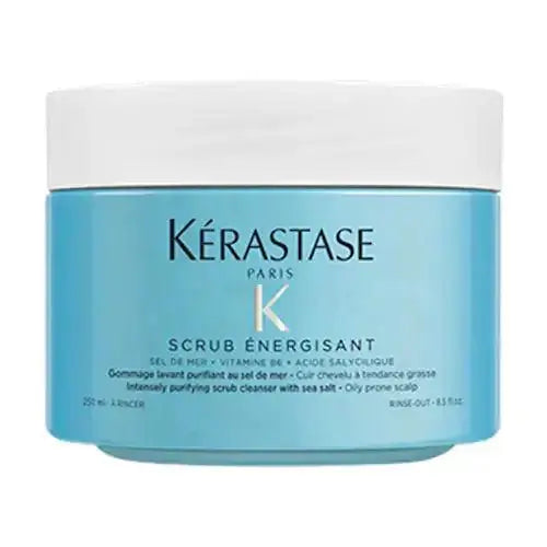 Kerastase Scrub Energisant jar for scalp purification and detox, suitable for all hair types, tackles oiliness and buildup.