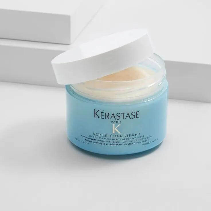 Kerastase Fusio Scrub Energisant purifying scalp scrub jar, exfoliating treatment for all hair types and textures.