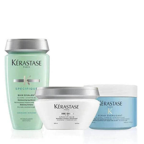 Fusio Scrub Oily Scalp Home Treatment Set with Bain Divalent Shampoo, Masque Hydra Apaisant Hair Mask, and Scrub Énergisant Purifying Scrub.