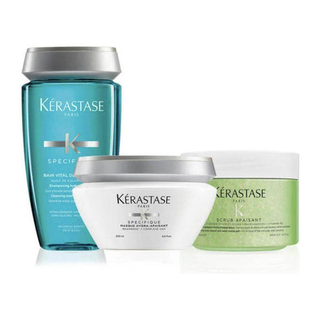 Kérastase Fusio Scrub Sensitive Scalp Home Treatment Hair Care Set with shampoo, mask, and scalp scrub.