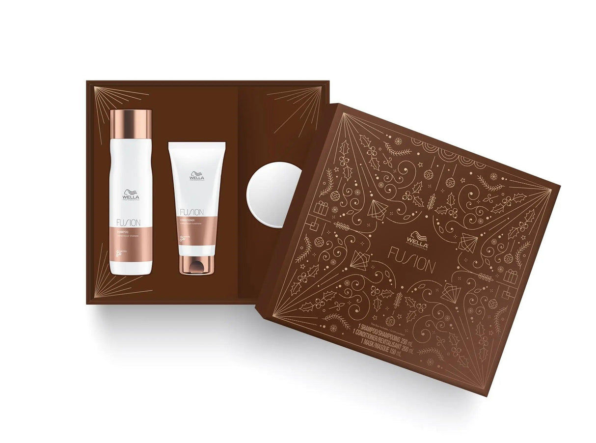 Fusion Trio hair care set with Fusionplex Shampoo, Conditioner, and Mask for damaged hair, boosting resilience against breakage.