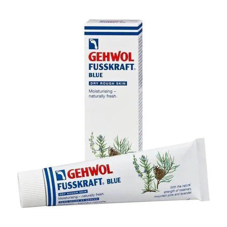 Gehwol Fusskraft Blue for dry rough skin, 75ml tube, moisturizing foot cream with natural oils for preventing odour and infections.