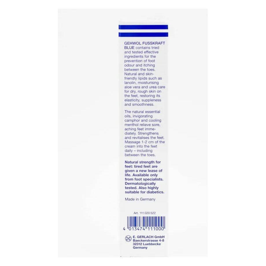 Gehwol Fusskraft Blue 75ml tube packaging with product description for dry, rough skin care, featuring natural oils and urea.