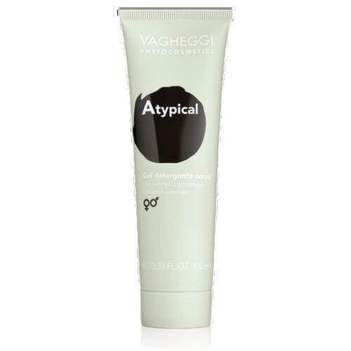 Atypical Gel Scrub Cleanser tube with hemp seed extract for cleansing and exfoliating, suitable for morning and evening use.