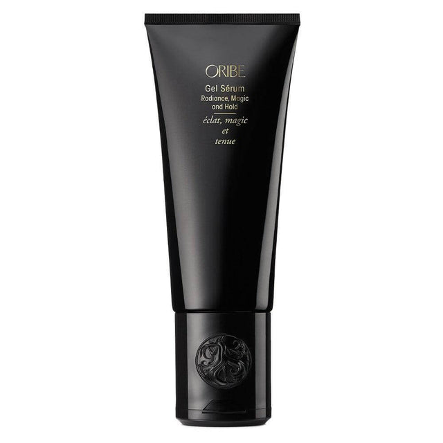 Oribe Gel Serum for flexible hold and shine in a sleek black bottle.
