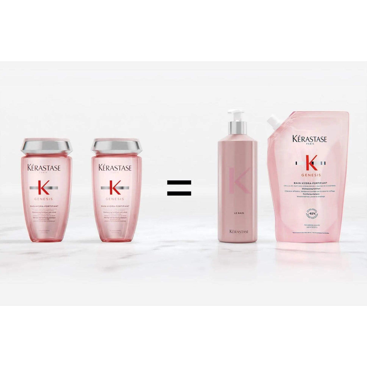 Kérastase Genesis Bain Hydra-Fortifiant Shampoo refill pouch beside two aluminum bottles on a white background.