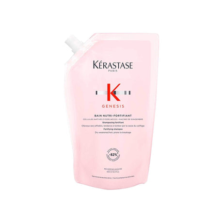Kérastase Genesis Bain Nutri-Fortifiant Refill Pouch for refillable aluminum bottles, eco-friendly hair care, 82% recycled plastic.