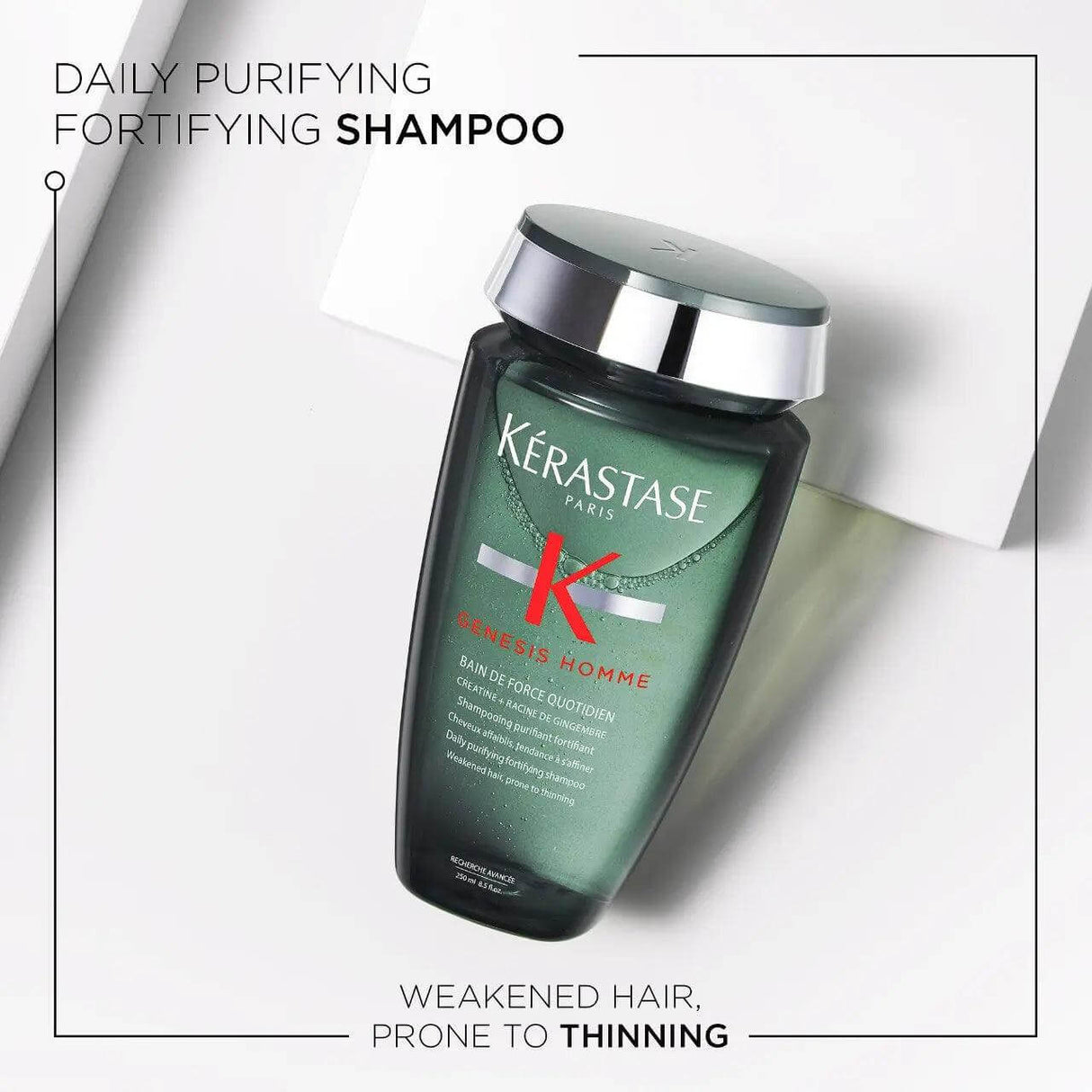 Kérastase Genesis Homme Bain de Force Quotidien Shampoo bottle for daily strengthening of weakened, thinning hair.