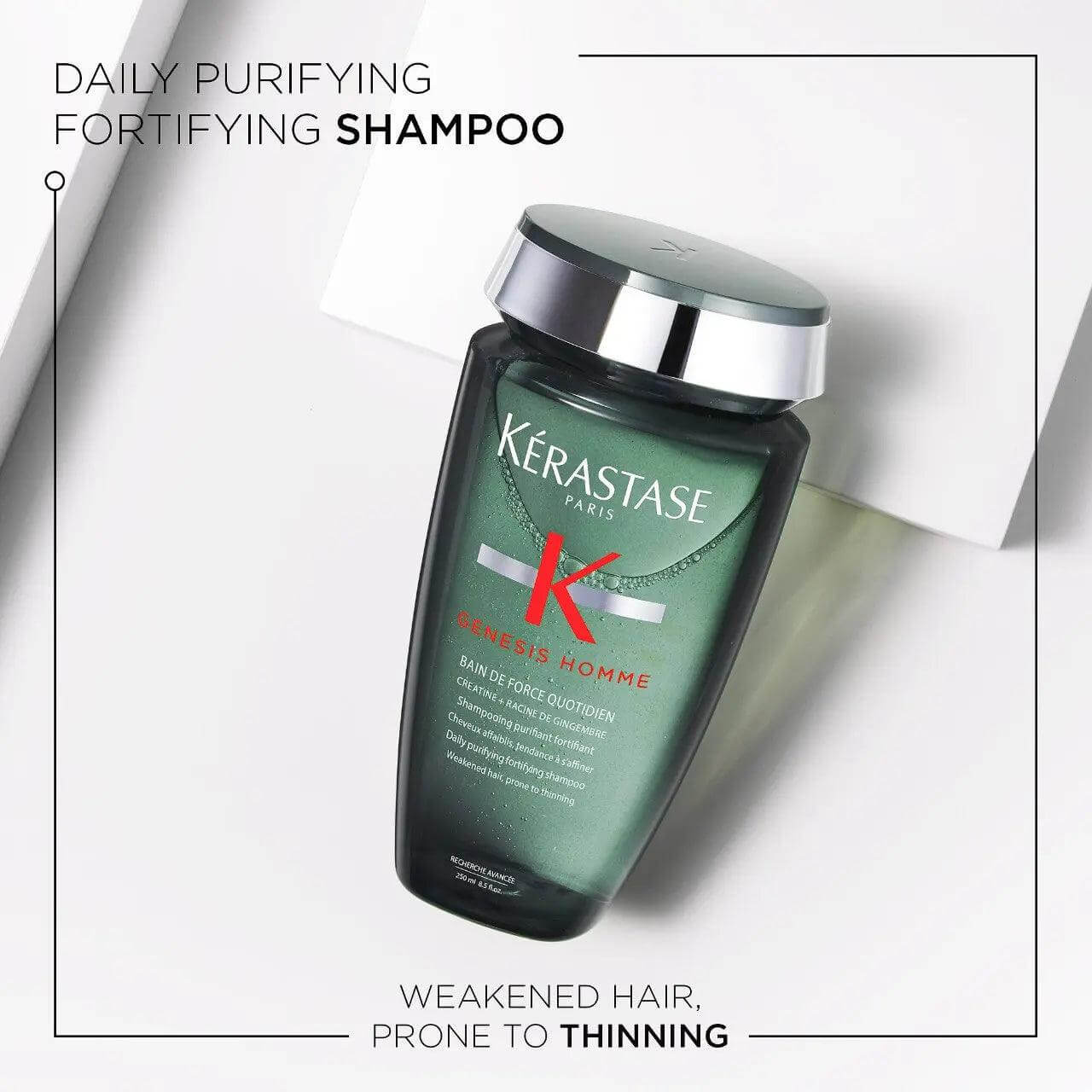 Kérastase Genesis Homme Bain de Force Quotidien Shampoo bottle for daily strengthening of weakened, thinning hair.