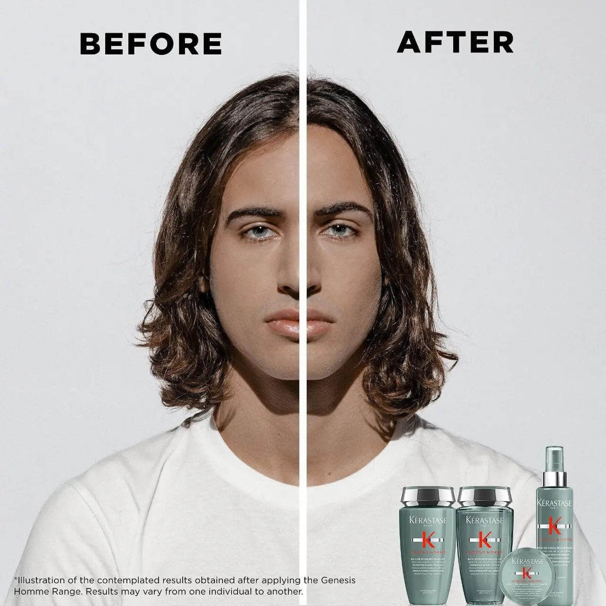 Genesis Homme Bain De Masse Épaississant Shampoo before and after results for thicker, fuller hair in men.