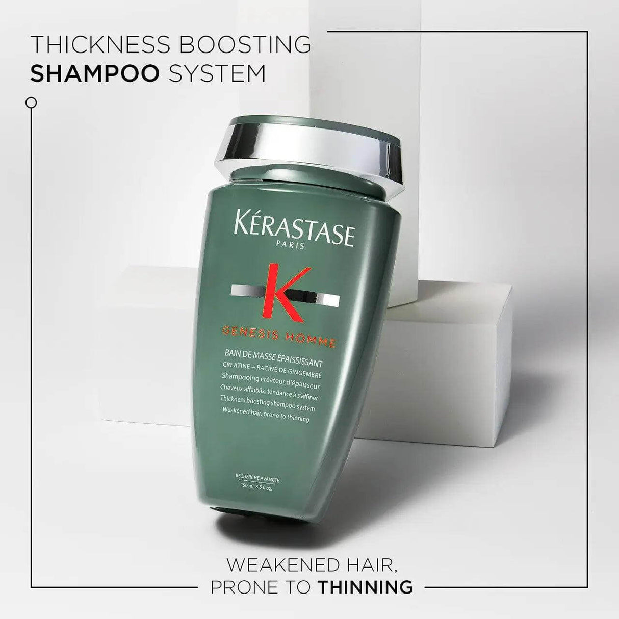 Kérastase Genesis Homme Bain De Masse Épaississant Shampoo for thicker hair, ideal for men with thinning hair, 250ml bottle.