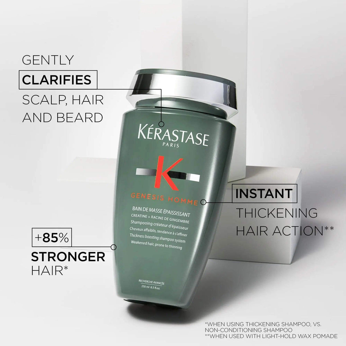 Kérastase Genesis Homme Bain De Masse Épaississant shampoo for men, promising thicker hair and clarifying scalp and hair.