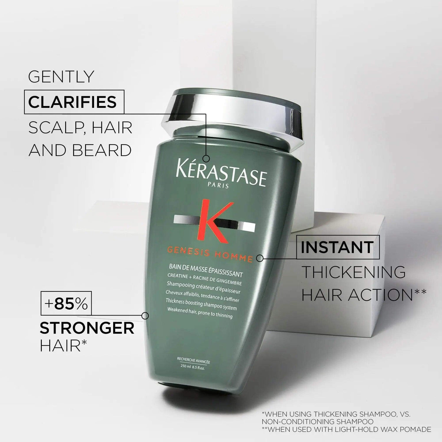 Kérastase Genesis Homme Bain De Masse Épaississant shampoo for men, promising thicker hair and clarifying scalp and hair.