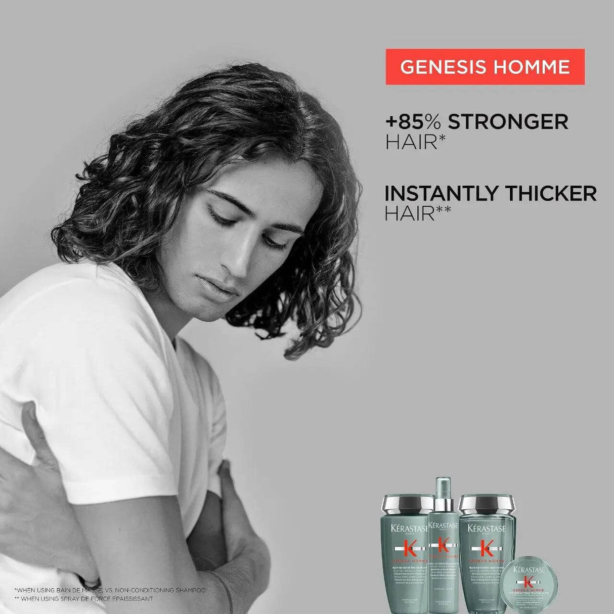 Kérastase Genesis Homme Shampoo for stronger, thicker hair shown with a man and product bottles.