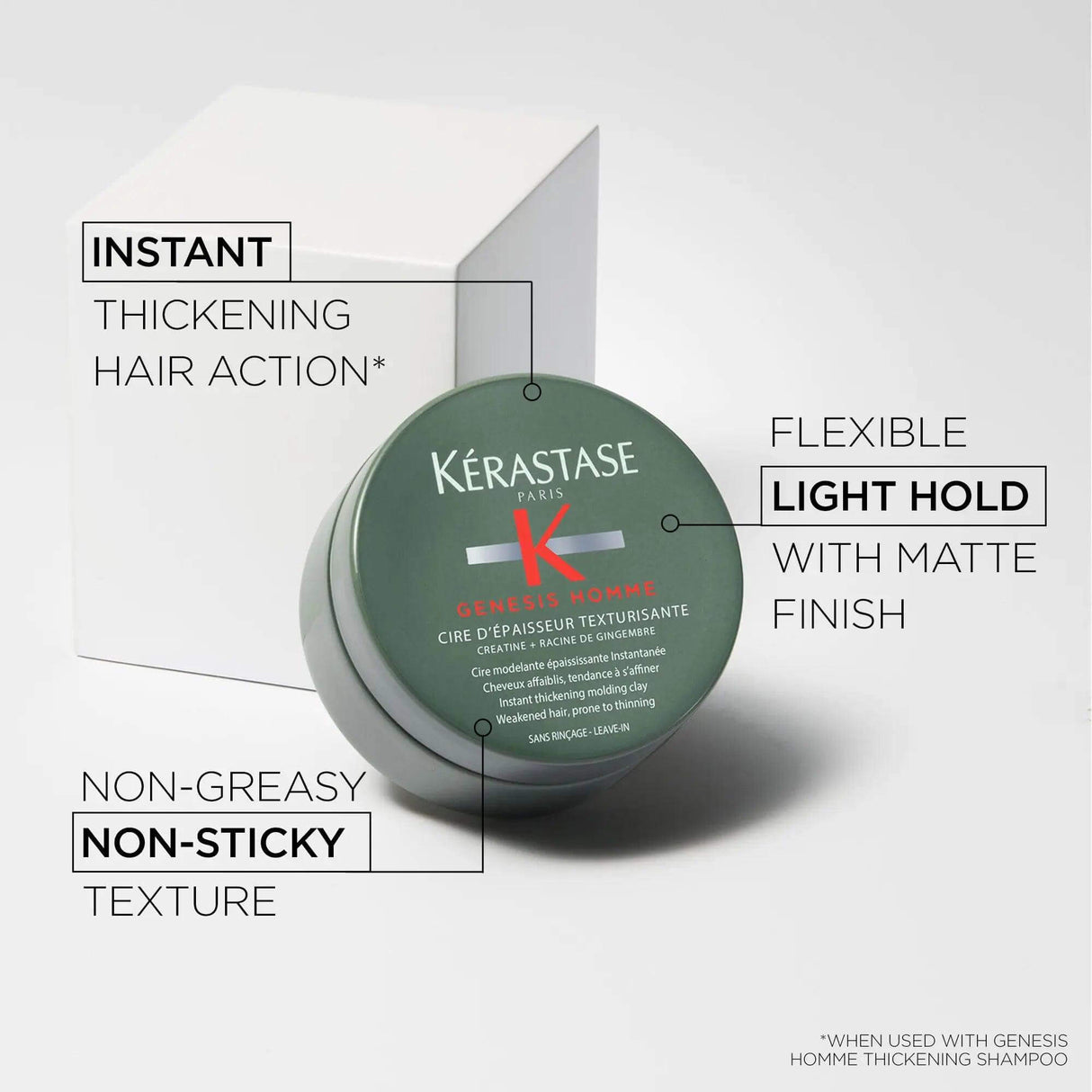 Kérastase Genesis Homme Cire d'Épaisseur Texturisante hair wax with benefits: instant thickening, light hold, non-greasy texture.