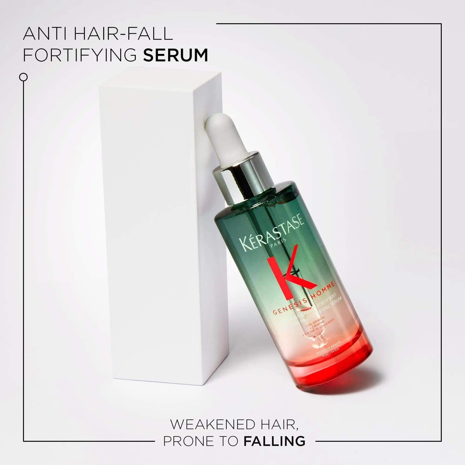 Kérastase Genesis Homme Sérum Anti-Chute Fortifiant bottle with packaging, designed for men's hair loss and growth boosting.