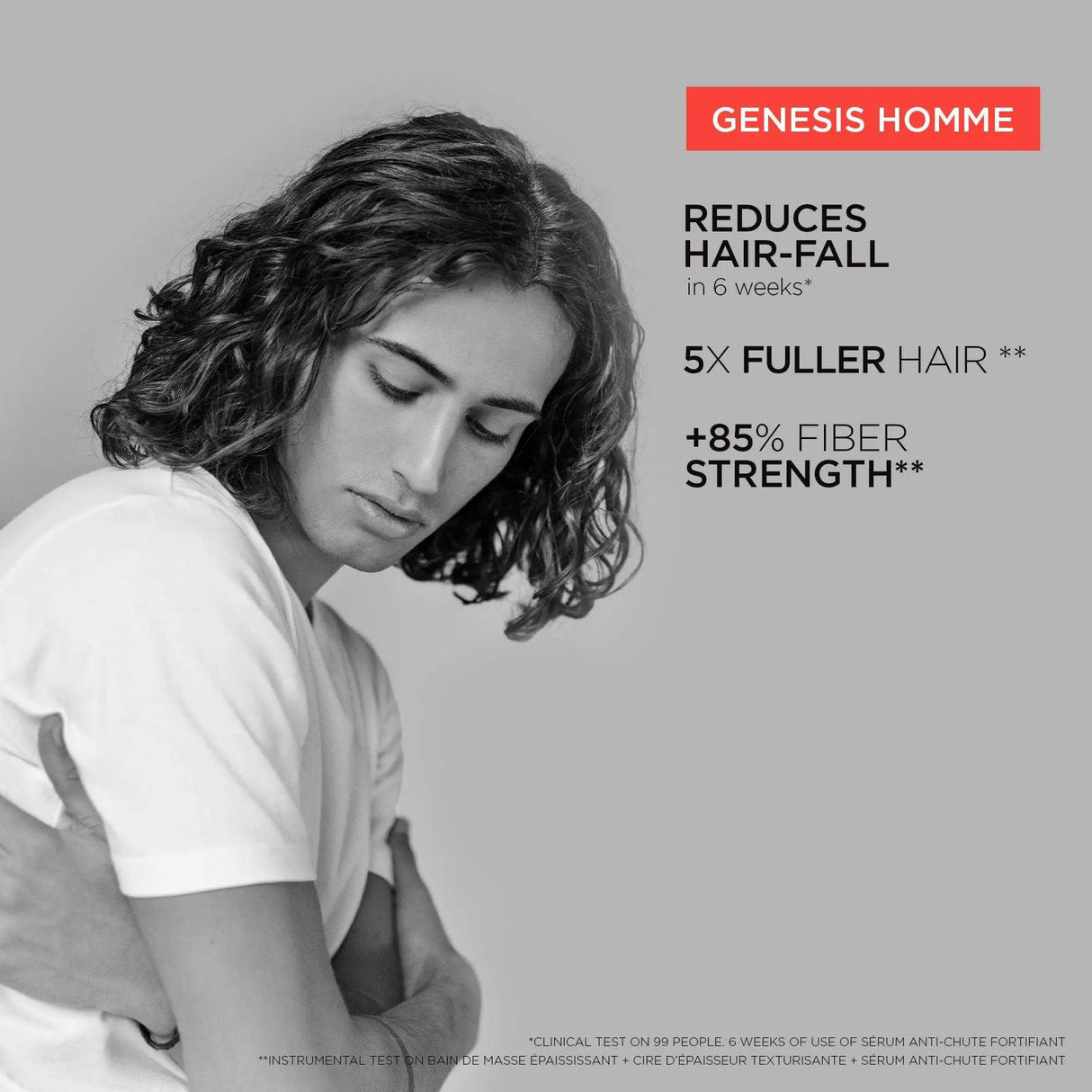 Kérastase Genesis Homme Sérum ad, young man with curly hair, text highlighting reduced hair-fall and increased hair fiber strength.