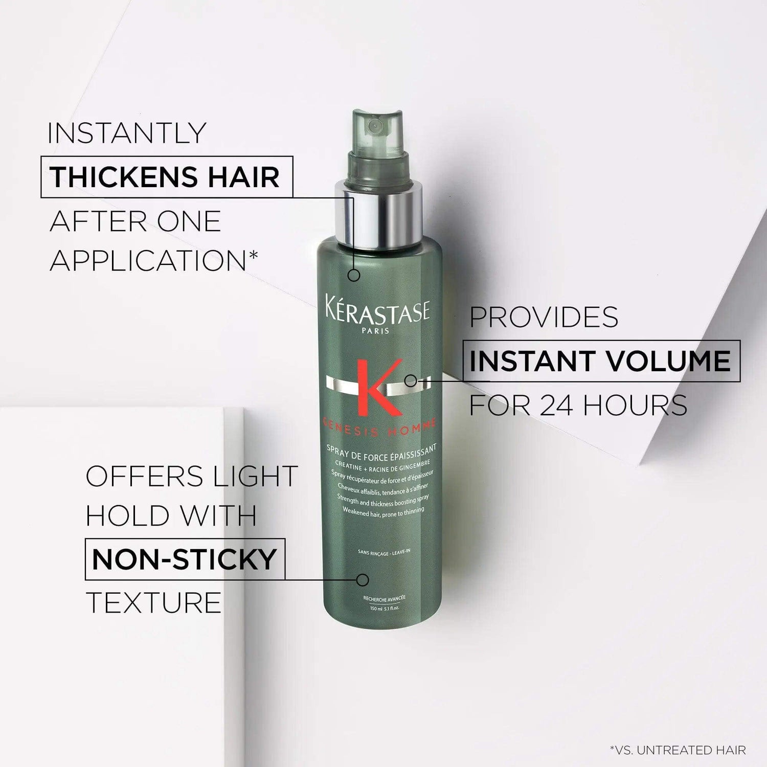 Kérastase Genesis Homme thickening spray for men's thinning hair, provides instant volume and lightweight, non-sticky hold.