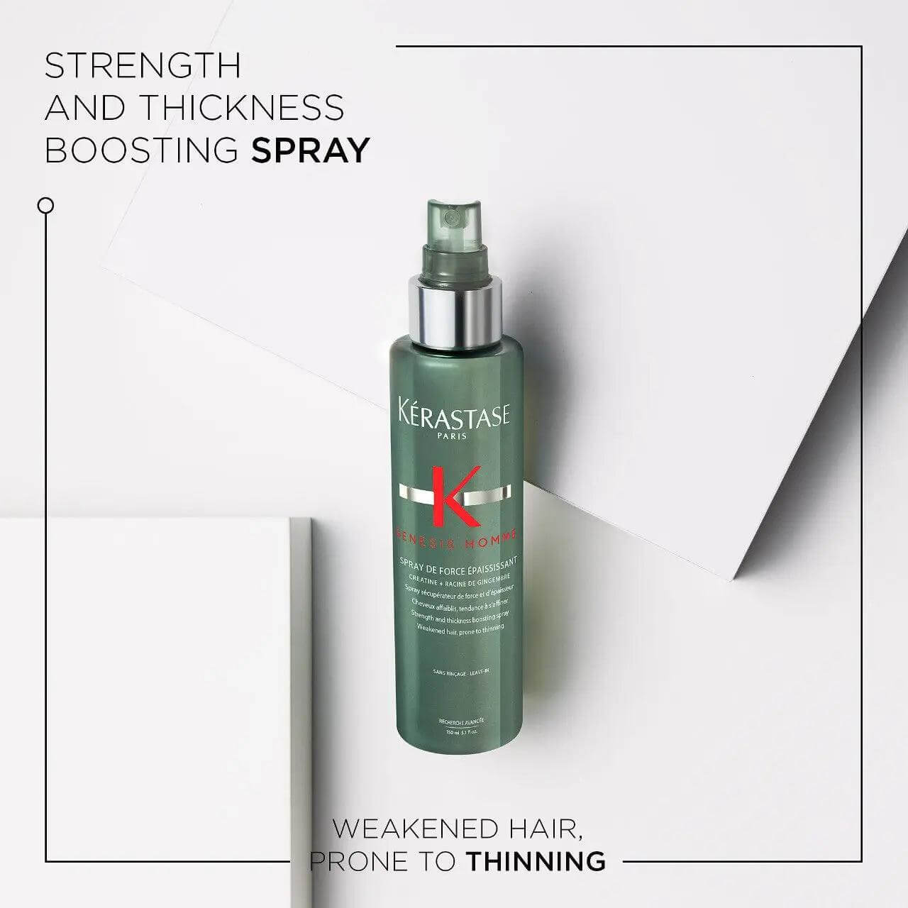 Kérastase Genesis Homme Spray de Force Épaississant for strengthening and thickening men's thinning hair, 150ml bottle