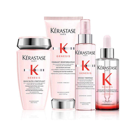 Genesis haircare set for dry, weakened hair with BAIN NUTRI FORTIFYING shampoo and nourishing treatments.