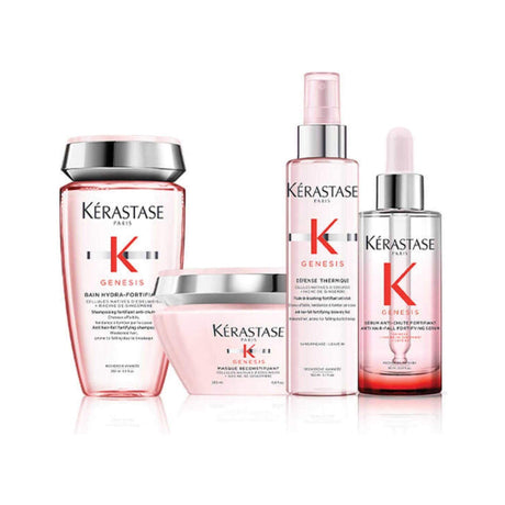 Genesis hair care set for oily roots and dry lengths, includes Bain Hydra-Fortifying shampoo, by Kérastase, shown in product display.