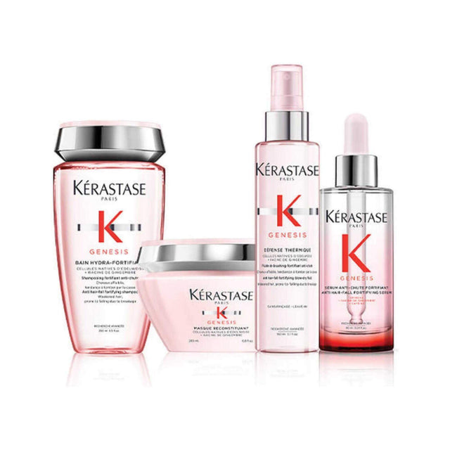 Genesis hair care set for oily roots and dry lengths, includes Bain Hydra-Fortifying shampoo, by Kérastase, shown in product display.