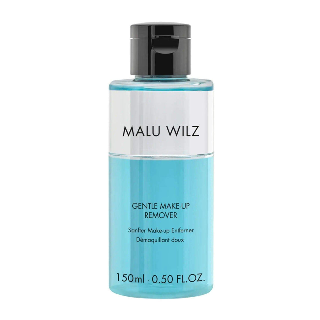Malu Wilz Gentle Biphasic Makeup Remover 150ml bottle for waterproof makeup removal.