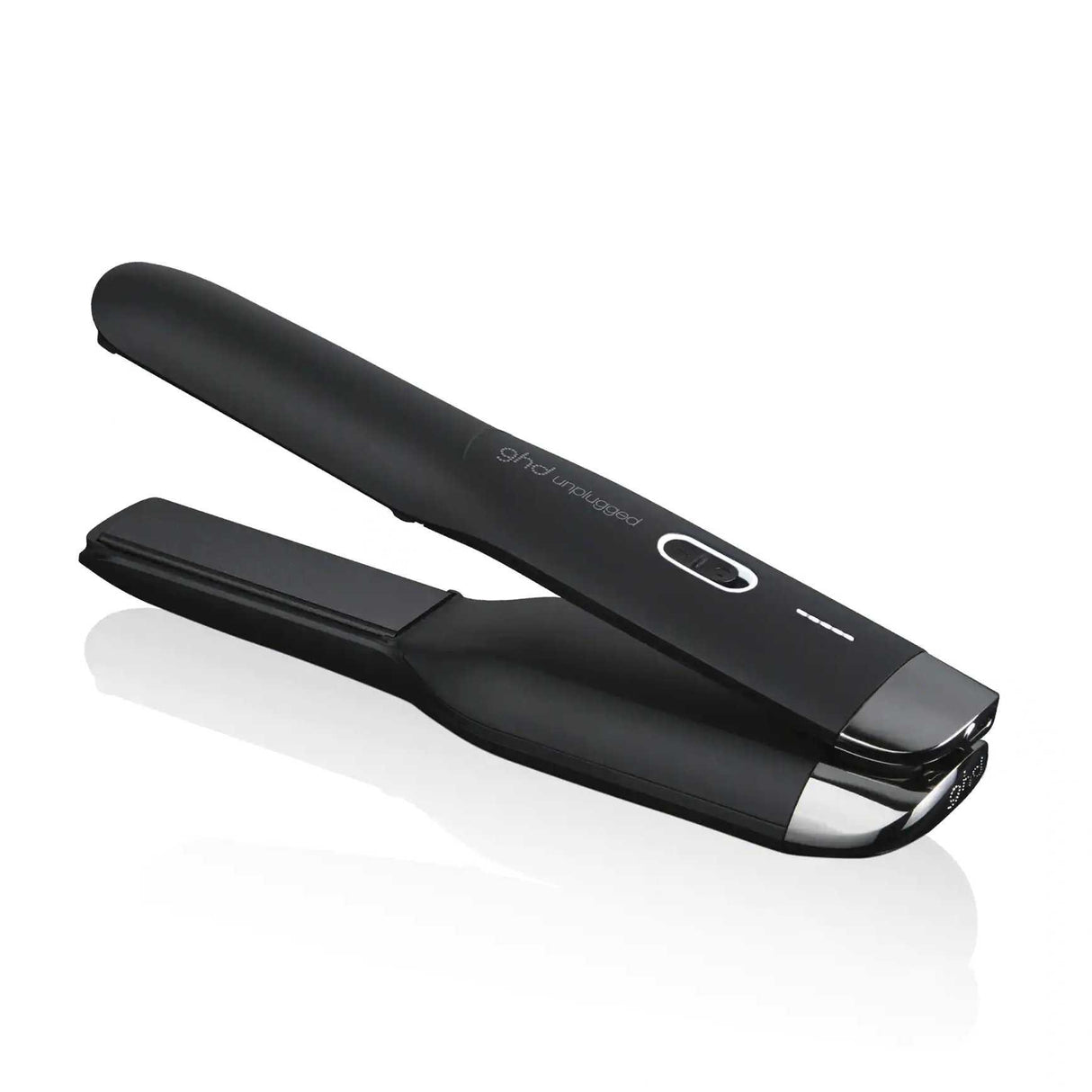 Black Ghd cordless hair straightener, portable design with ceramic heaters and dual-zone technology for styling on the go.