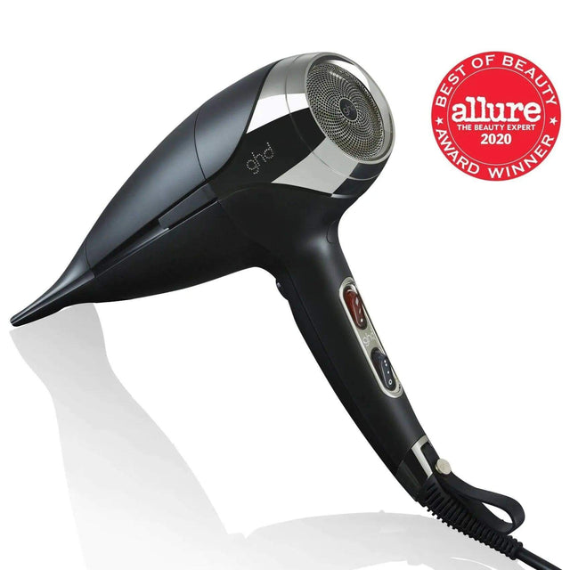 Ghd Helios Professional Hairdryer in Black with award badge, featuring advanced aerodynamics for quick and precise styling.