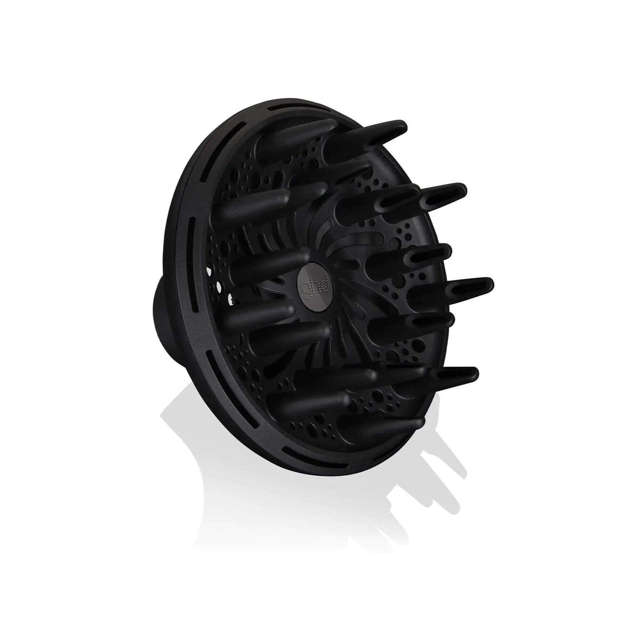 Black ghd professional hairdryer diffuser with contoured fingers for curls and waves, compatible with ghd helios and air models.