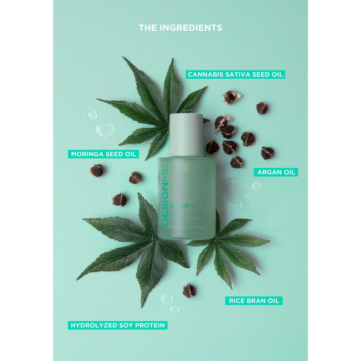 Gloss.Me Hair Serum with cannabis sativa seed oil, moringa seed oil, argan oil, rice bran oil, and hydrolyzed soy protein ingredients.