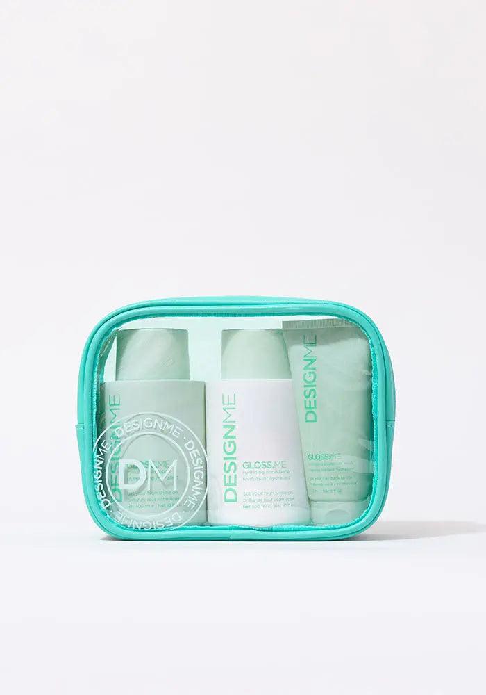 GLOSS.ME Hydration Glitz Kit with shampoo, conditioner, mask in turquoise pouch for smooth, shiny, manageable hair.
