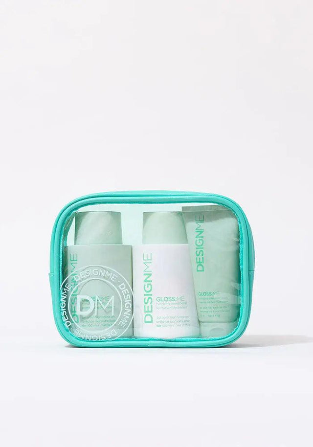GLOSS.ME Hydration Glitz Kit with shampoo, conditioner, mask in turquoise pouch for smooth, shiny, manageable hair.