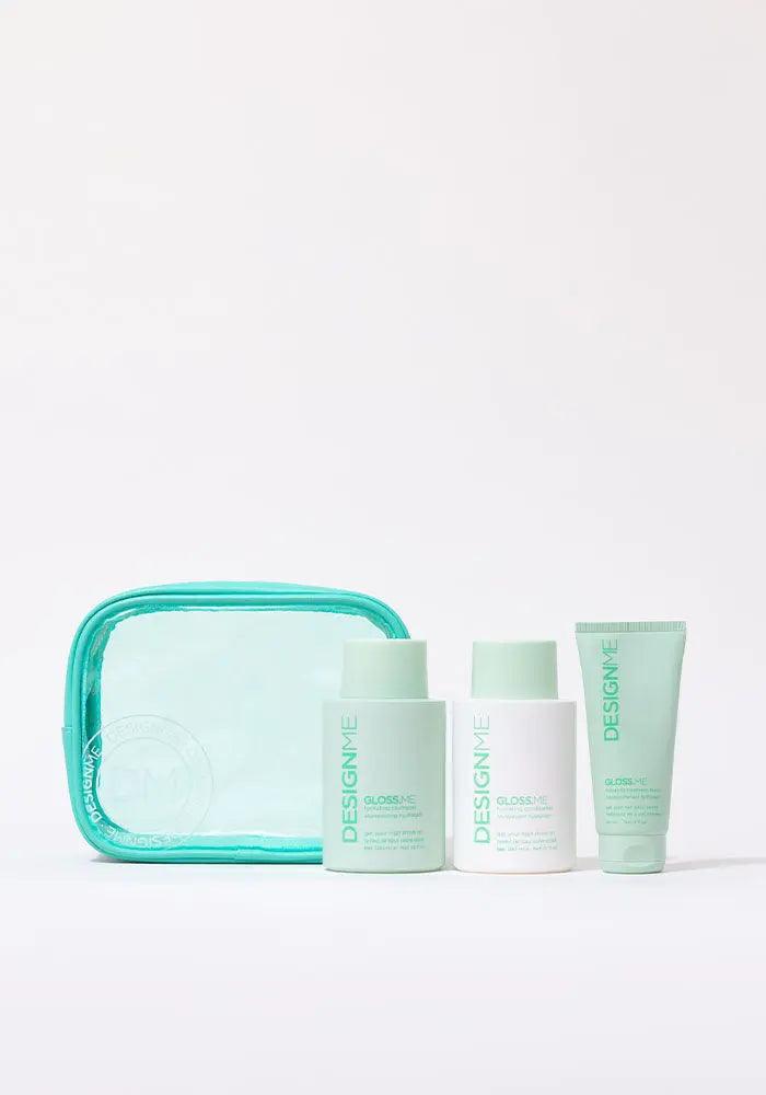 GLOSS.ME Hydration Glitz Kit with shampoo, conditioner, treatment mask, and travel bag. Infused with Moringa Seed and Argan Oil, sulfate-free.