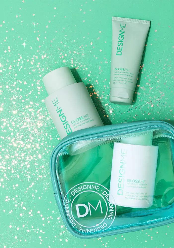 GLOSS.ME Hydration Glitz Kit with shampoo, conditioner, and treatment mask, featuring nourishing Moringa Seed and Argan Oil.