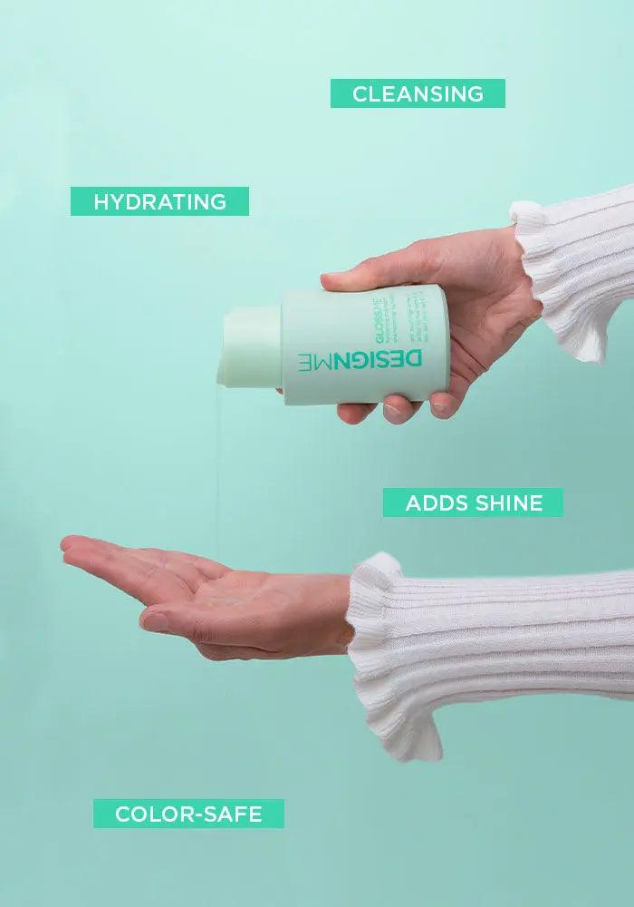 GLOSS.ME Hydration Glitz Kit displayed, hydrating shampoo being poured into hand, emphasizing cleansing, color-safe, and shine-enhancing benefits.