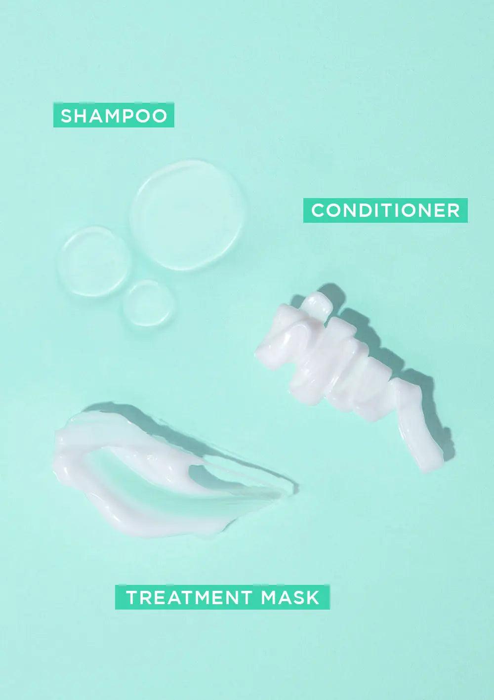 Textures of GLOSS.ME Hydration Glitz Kit's shampoo, conditioner, and treatment mask on a mint background.
